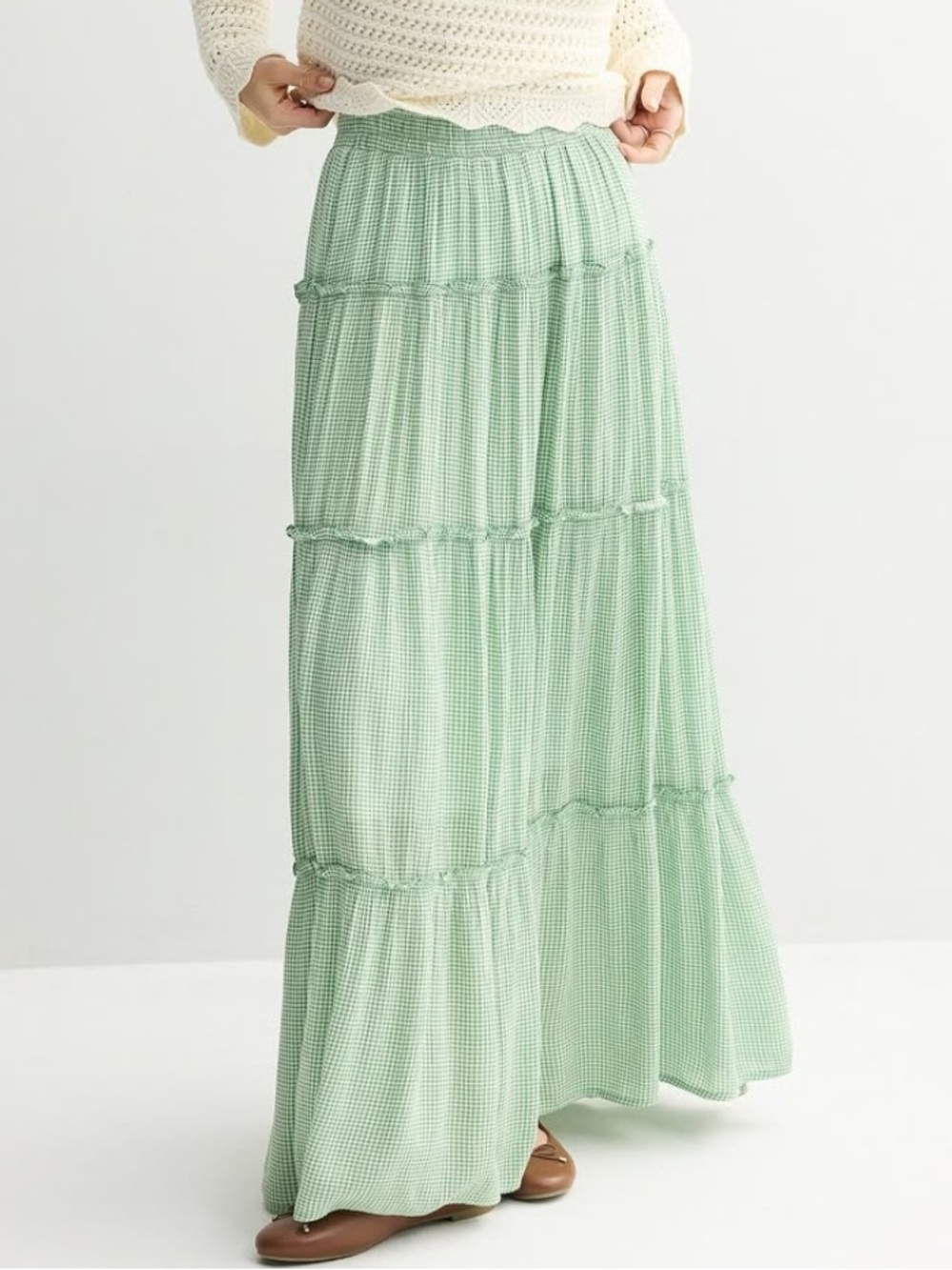 green gingham tiered maxi skirt
